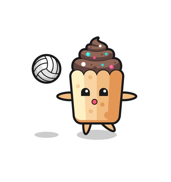 Personaje de dibujos animados de cupcake está jugando voleibol