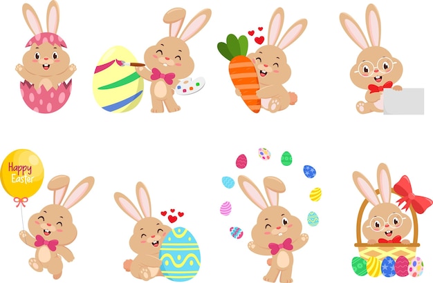 El personaje de dibujos animados Cute Bunny Rabbit Vector Flat Design Collection Set