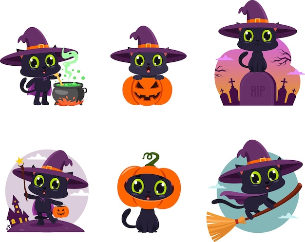 El personaje de dibujos animados Cute Halloween Witch Black Cat Vector Flat Design Collection Set