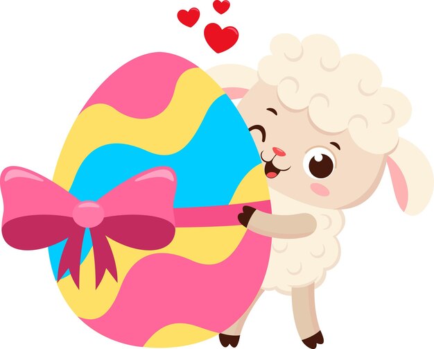 El personaje de dibujos animados de Cute Little Sheep muestra un huevo de Pascua Ilustración vectorial Diseño plano