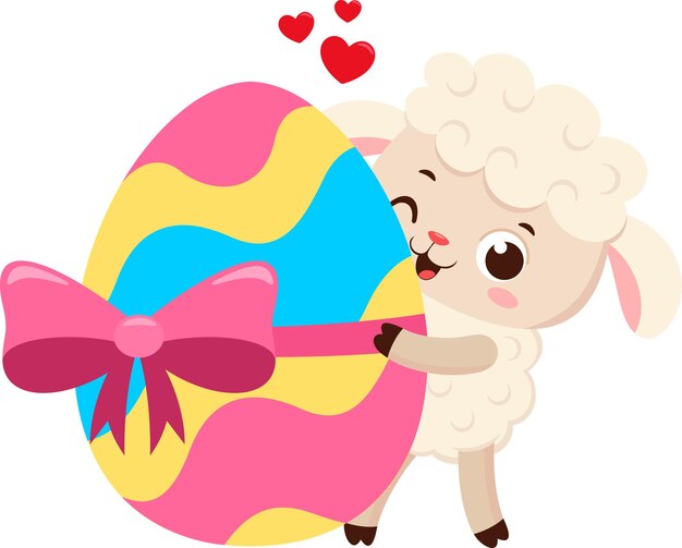 El personaje de dibujos animados de cute little sheep muestra un huevo de pascua ilustración vectorial diseño plano