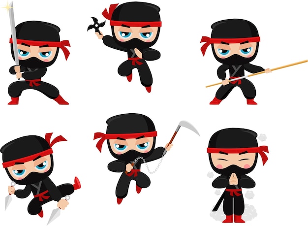 El personaje de dibujos animados Cute Ninja Boy Warrior Vector Flat Design Collection Set
