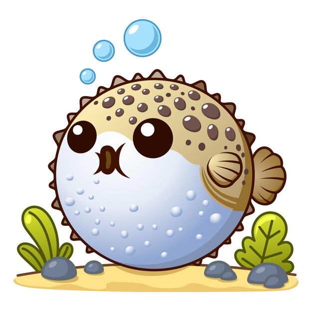 El personaje de dibujos animados de Cute Puffer Fish se hincha