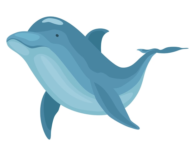 Personaje de dibujos animados de delfines mamífero del océano en movimiento aislado en blanco ilustración vectorial de la vida marina pez azul o animal de naturaleza salvaje