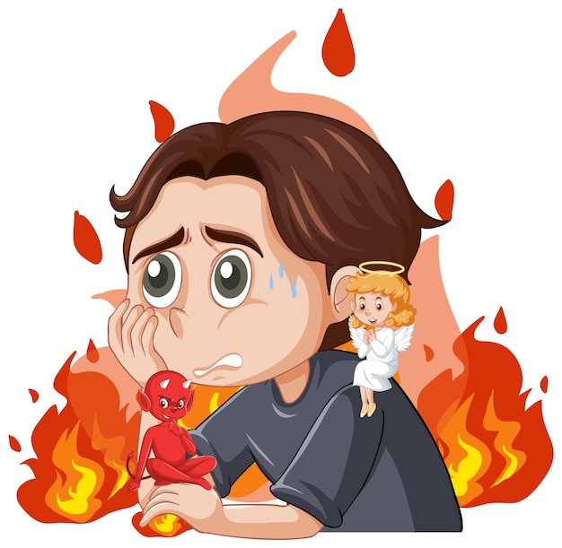 Personaje de dibujos animados con diablo y ángel luchando en pensamiento