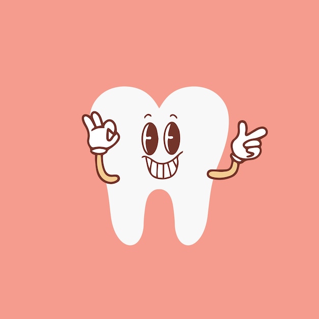 Un personaje de dibujos animados con dientes alegres agitando la mano Un molar blanco y saludable con una cara feliz retro