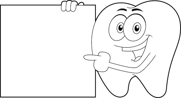 Un personaje de dibujos animados con dientes felices apuntando a un signo en blanco Un vector dibujado a mano
