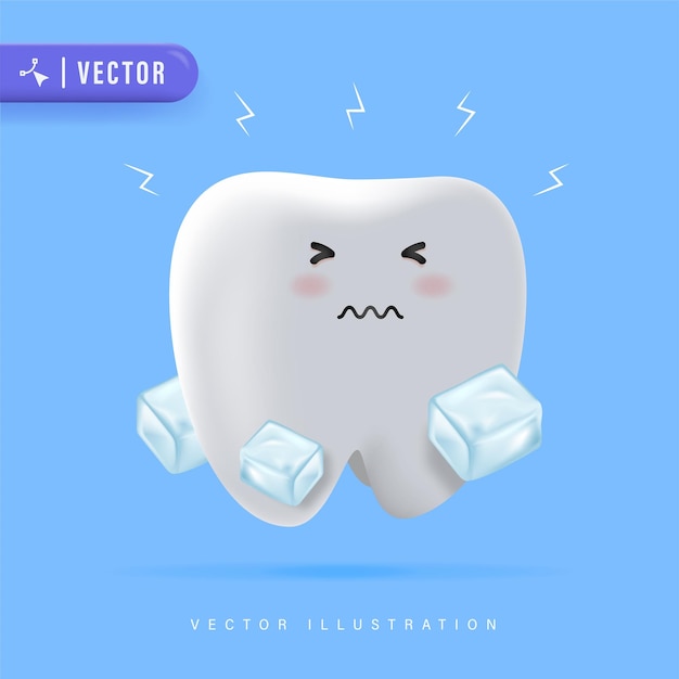 Personaje de dibujos animados de dientes sensibles realistas en 3D con ilustración de vector de cubo de hielo Concepto de cuidado dental