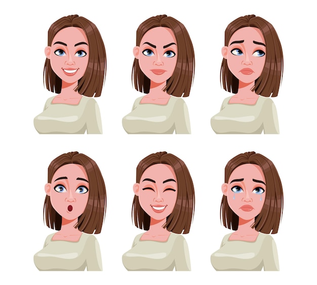 Vector personaje de dibujos animados de diferentes emociones femeninas