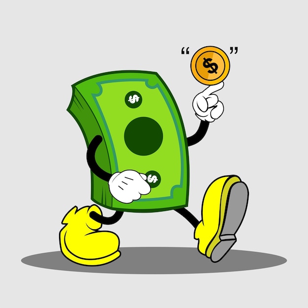 Personaje de dibujos animados de dinero con moneda y billete de dólar