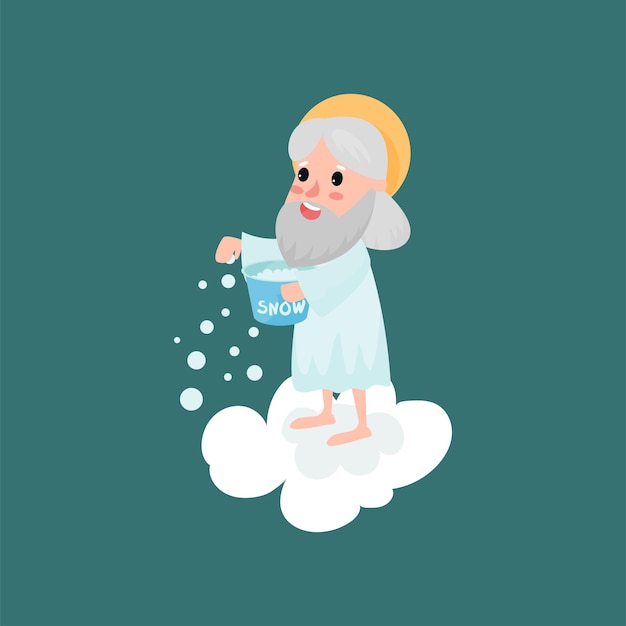 Personaje de dibujos animados de dios en acción en la nube blanca. señor feliz tirando nieve en el suelo. cielo días laborables. todopoderoso hombre barbudo. ilustración de vector de tarjeta de felicitación de invierno, cartel o impresión.