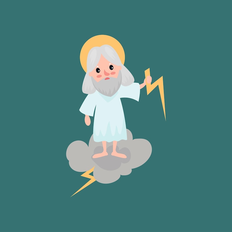 Vector personaje de dibujos animados de dios en acción en la nube gris. creador enojado lanzando un rayo. cielo días laborables. todopoderoso hombre barbudo. ilustración de vector de libro, tarjeta, cartel o impresión religiosa.