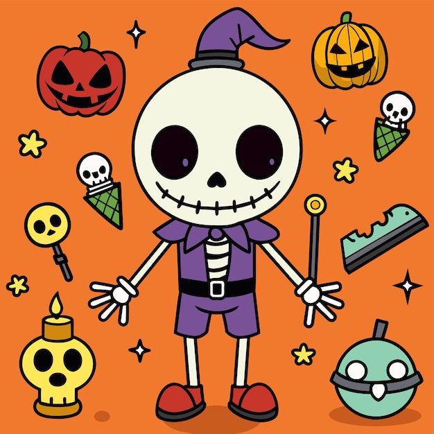 Vector un personaje de dibujos animados con un disfraz de halloween y una calabaza con un cráneo y otros objetos