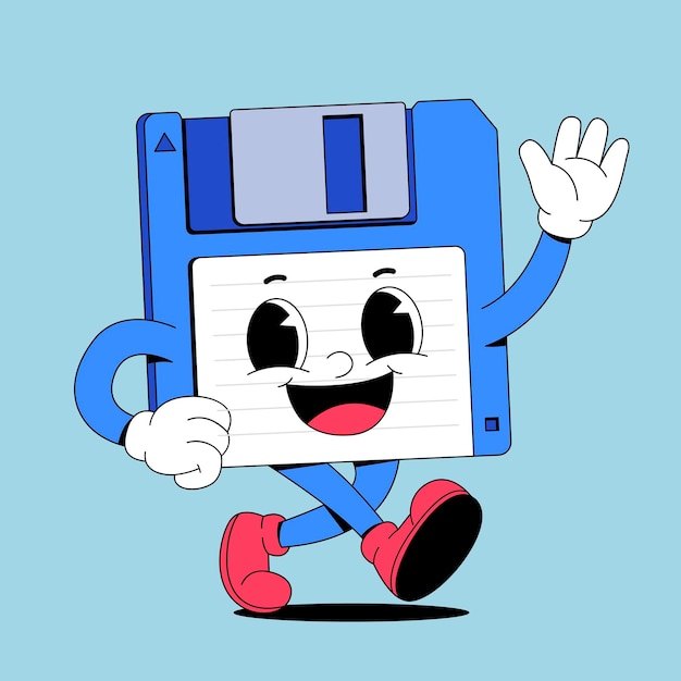 Un personaje de dibujos animados de un disquete azul agitando felizmente