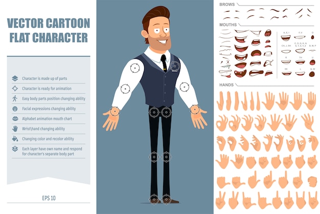 Personaje de dibujos animados divertido empresario musculoso fuerte con corbata negra. Listo para animaciones. Expresiones faciales, ojos, cejas, boca y manos fáciles de editar. Aislado sobre fondo gris. Conjunto de iconos grandes.