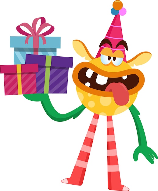 Personaje de dibujos animados divertido monstruo con un sombrero de fiesta con cajas de regalo ilustración vectorial