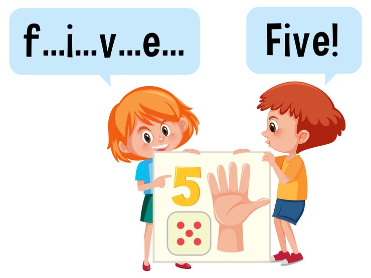 Vector personaje de dibujos animados de dos niños deletreando el número cinco