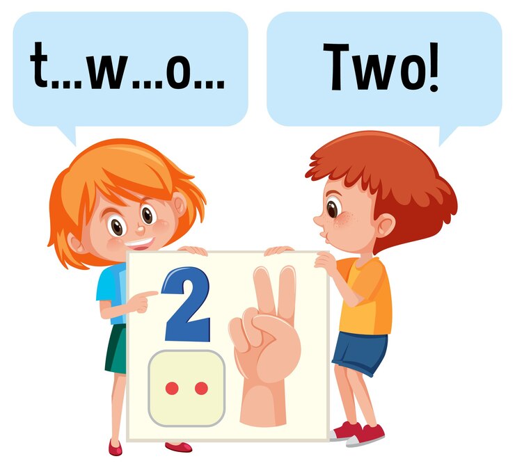 Vector personaje de dibujos animados de dos niños deletreando el número dos