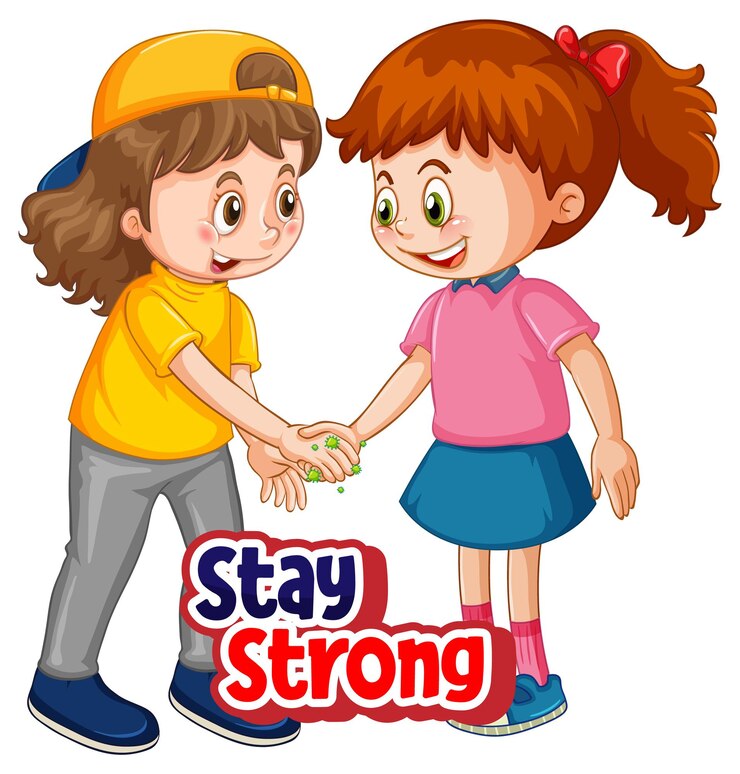 Vector el personaje de dibujos animados de dos niños no mantiene la distancia social con la fuente stay strong aislada sobre fondo blanco