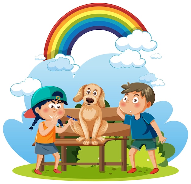 Personaje de dibujos animados de dos niños y un perro.