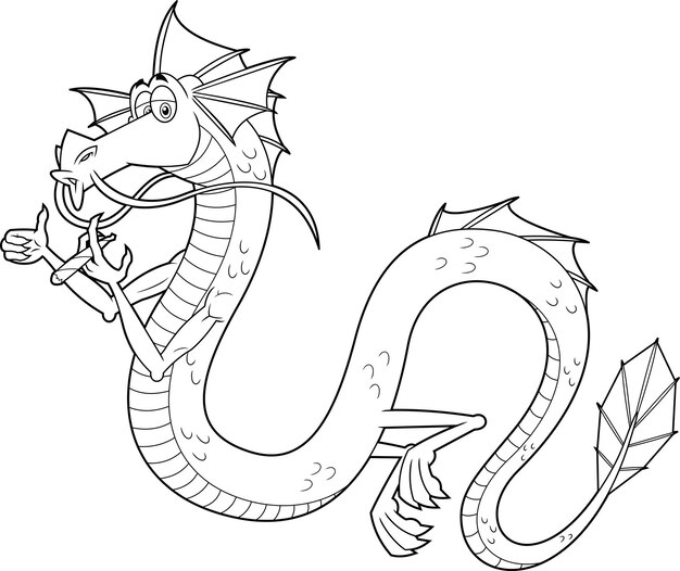 Personaje de dibujos animados de dragón lindo contorneado fumando una ilustración dibujada a mano de vector conjunto