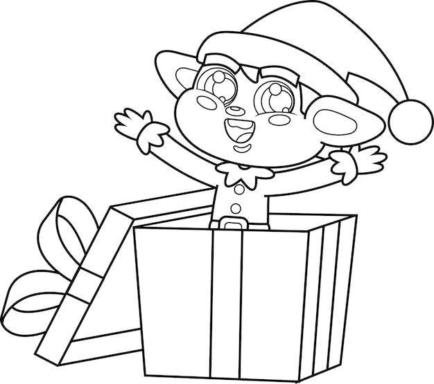 Personaje de dibujos animados de elfo de feliz navidad contorneado salida de caja de regalo ilustración vectorial diseño plano