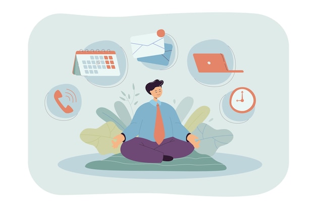 Personaje de dibujos animados empresario practicando yoga o meditación. Ilustración plana.