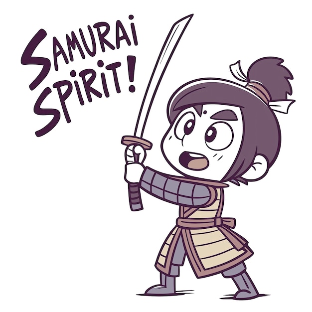 Personaje de dibujos animados empuñando una espada que exuda el espíritu samurai en una postura dinámica con texto en negrita