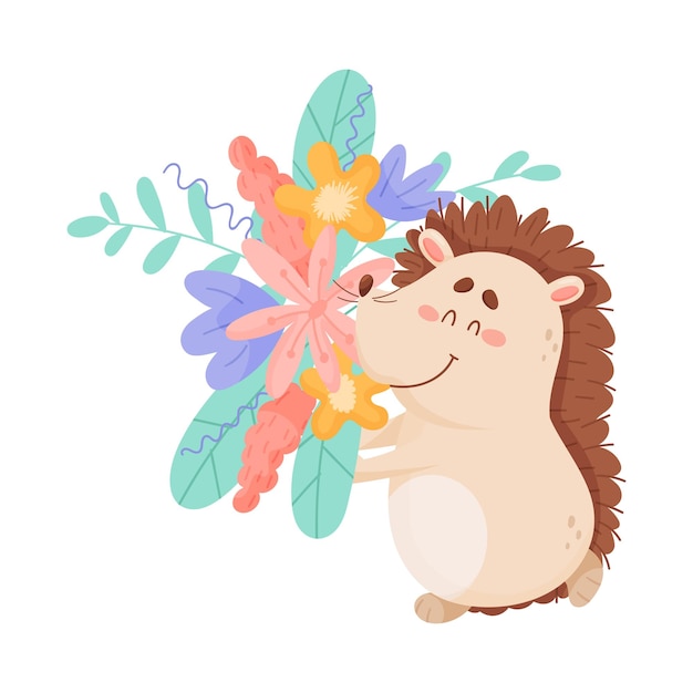 Personaje de dibujos animados Erizo que lleva un manojo de flores Ilustración vectorial Bosque alegre Animales puntiagudos