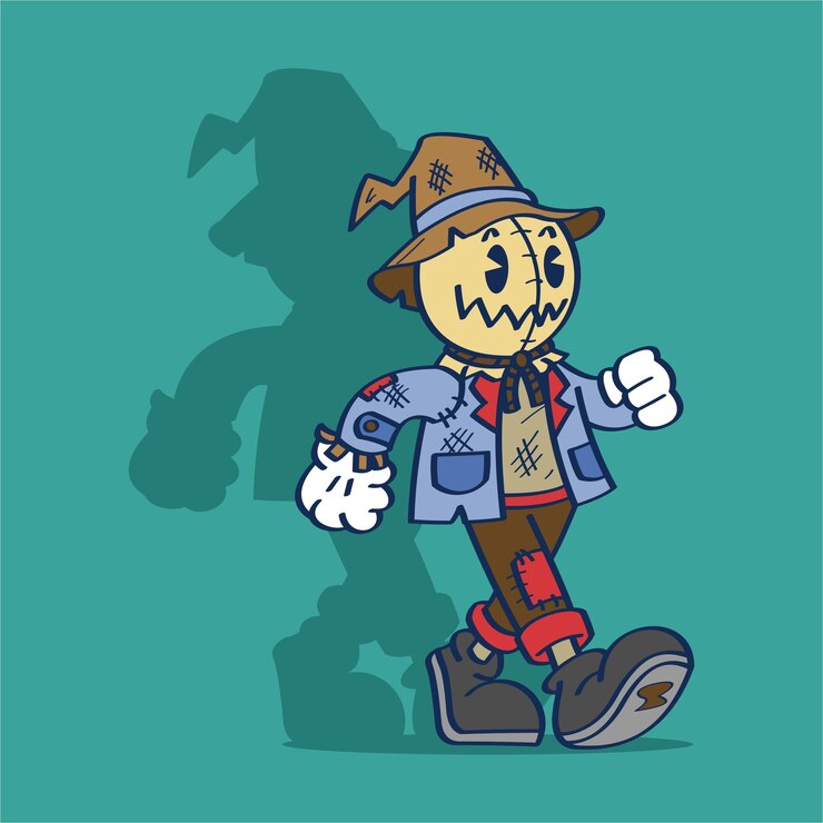 Vector personaje dibujos animados espantapájaros halloween caminando dibujo ilustración vectorial estilo
