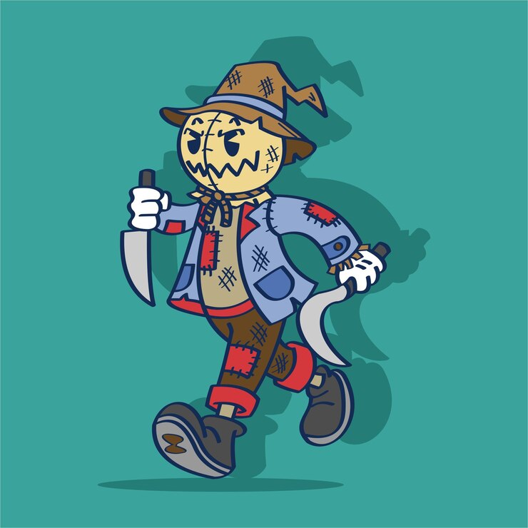 Vector personaje de dibujos animados espantapájaros de halloween corriendo con rastrillos dibujo ilustración vectorial estilo vintage