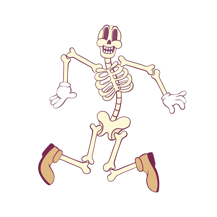 Vector personaje de dibujos animados de esqueleto retro groovy