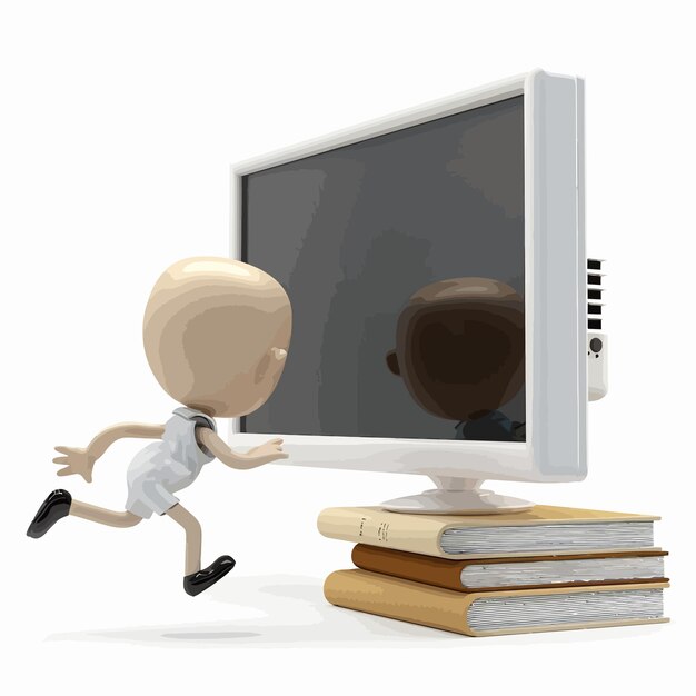 un personaje de dibujos animados está corriendo hacia un monitor de computadora