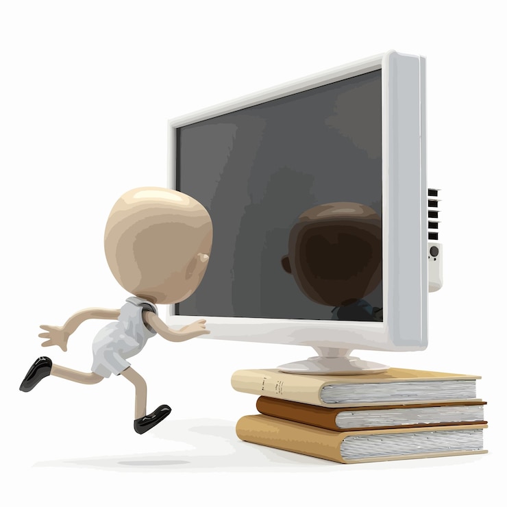 Vector un personaje de dibujos animados está corriendo hacia un monitor de computadora