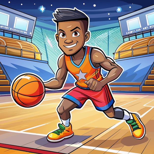 Vector un personaje de dibujos animados con una estrella en su camisa está jugando al baloncesto