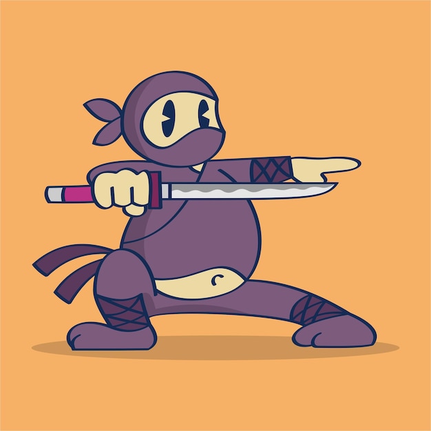 Personaje de dibujos animados Fat Ninja Listo para luchar Manejo de espada Ilustración vectorial Dibujo a mano Vintage