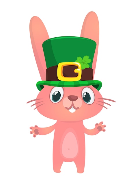 Personaje de dibujos animados feliz conejito con sombrero de San Patricio con un trébol Ilustración vectorial para el Día de San Patricio