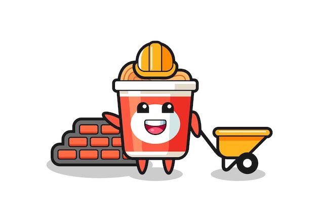 Personaje de dibujos animados de fideos instantáneos como constructor, diseño de estilo lindo para camiseta, pegatina, elemento de logotipo