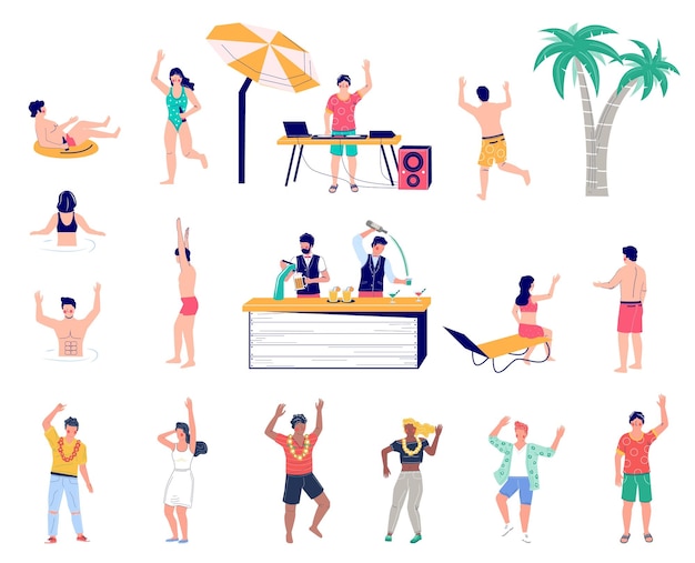 Personaje de dibujos animados de fiesta en la playa conjunto plano vector aislado ilustración vacaciones tropicales de verano