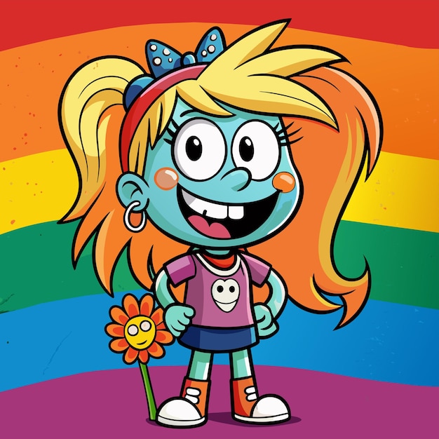 Vector un personaje de dibujos animados con un fondo de arco iris y un personaje de caricaturas con un arcoirís