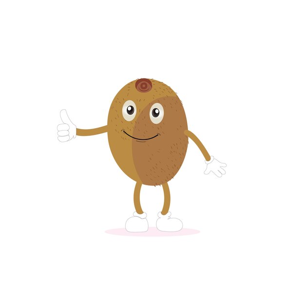 Personaje de dibujos animados de fruta de kiwi con piel peluda de color marrón verdoso y gesto de mano apuntando