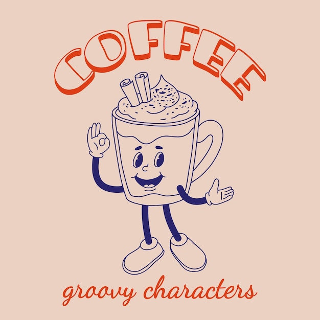 Un personaje de dibujos animados funky y groovy, una pegatina de café, una mascota divertida de época con una sonrisa psicodélica.