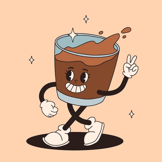 Un personaje de dibujos animados funky y groovy, una pegatina de café, una mascota divertida de época con una sonrisa psicodélica.