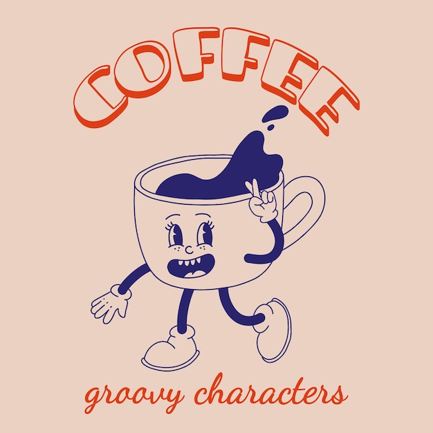 Un personaje de dibujos animados funky y groovy, una pegatina de café, una mascota divertida de época con una sonrisa psicodélica.