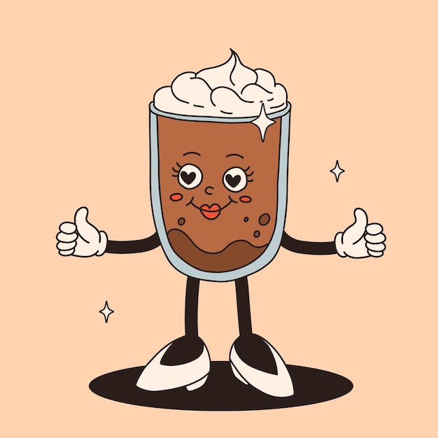 Un personaje de dibujos animados funky y groovy, una pegatina de café, una mascota divertida de época con una sonrisa psicodélica.