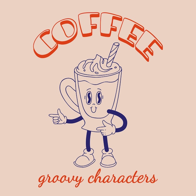 Un personaje de dibujos animados funky y groovy, una pegatina de café, una mascota divertida de época con una sonrisa psicodélica.