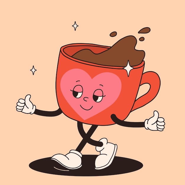 Vector un personaje de dibujos animados funky y groovy, una pegatina de café, una mascota divertida de época con una sonrisa psicodélica.