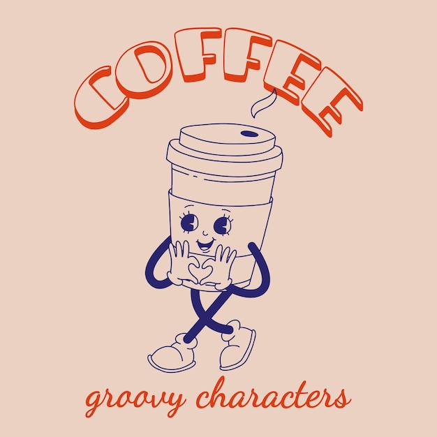 Un personaje de dibujos animados funky y groovy, una pegatina de café, una mascota divertida de época con una sonrisa psicodélica.