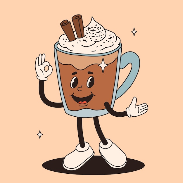 Vector un personaje de dibujos animados funky y groovy, una pegatina de café, una mascota divertida de época con una sonrisa psicodélica.