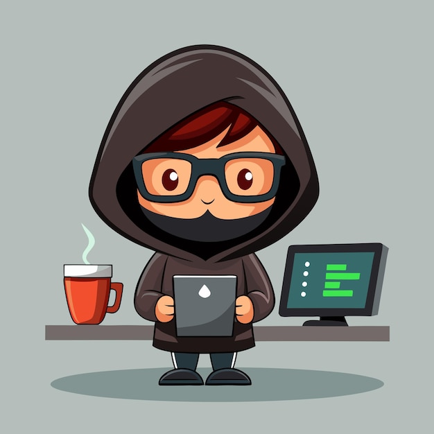 un personaje de dibujos animados con gafas y una computadora portátil frente a un monitor de computadora